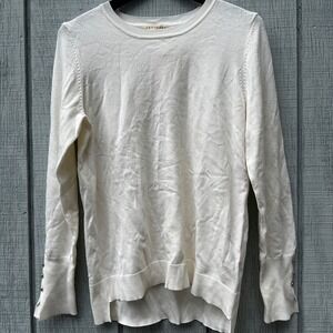 Retrology Womens Long Sleeve Crew Neck Button Cuff Sweater Ivory Sz L Minimalist